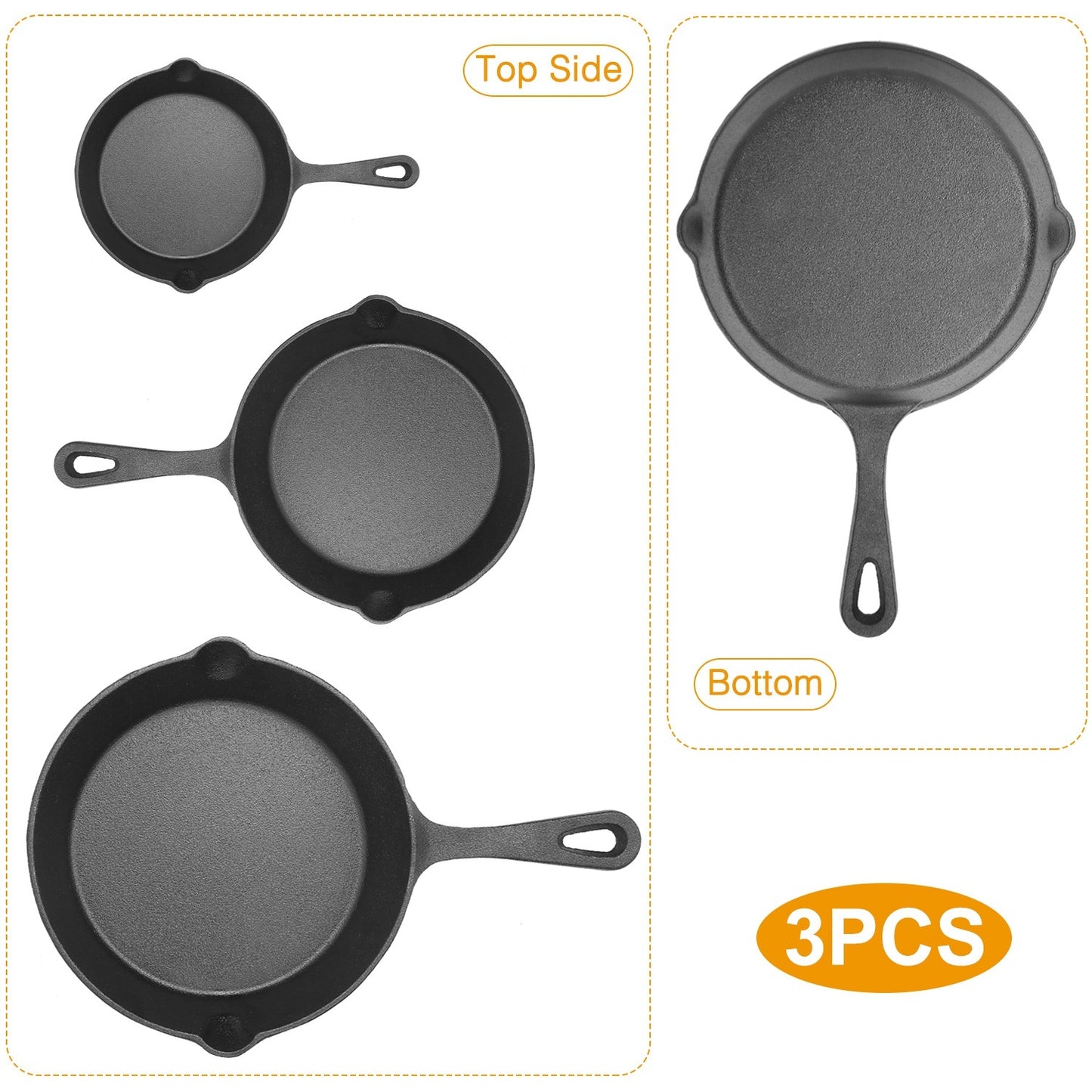 3Pcs Pre-Seasoned Cast Iron Skillet Set 6in 8in 10in Non-Stick Oven Safe Cookware Heat-Resistant Frying Pan
