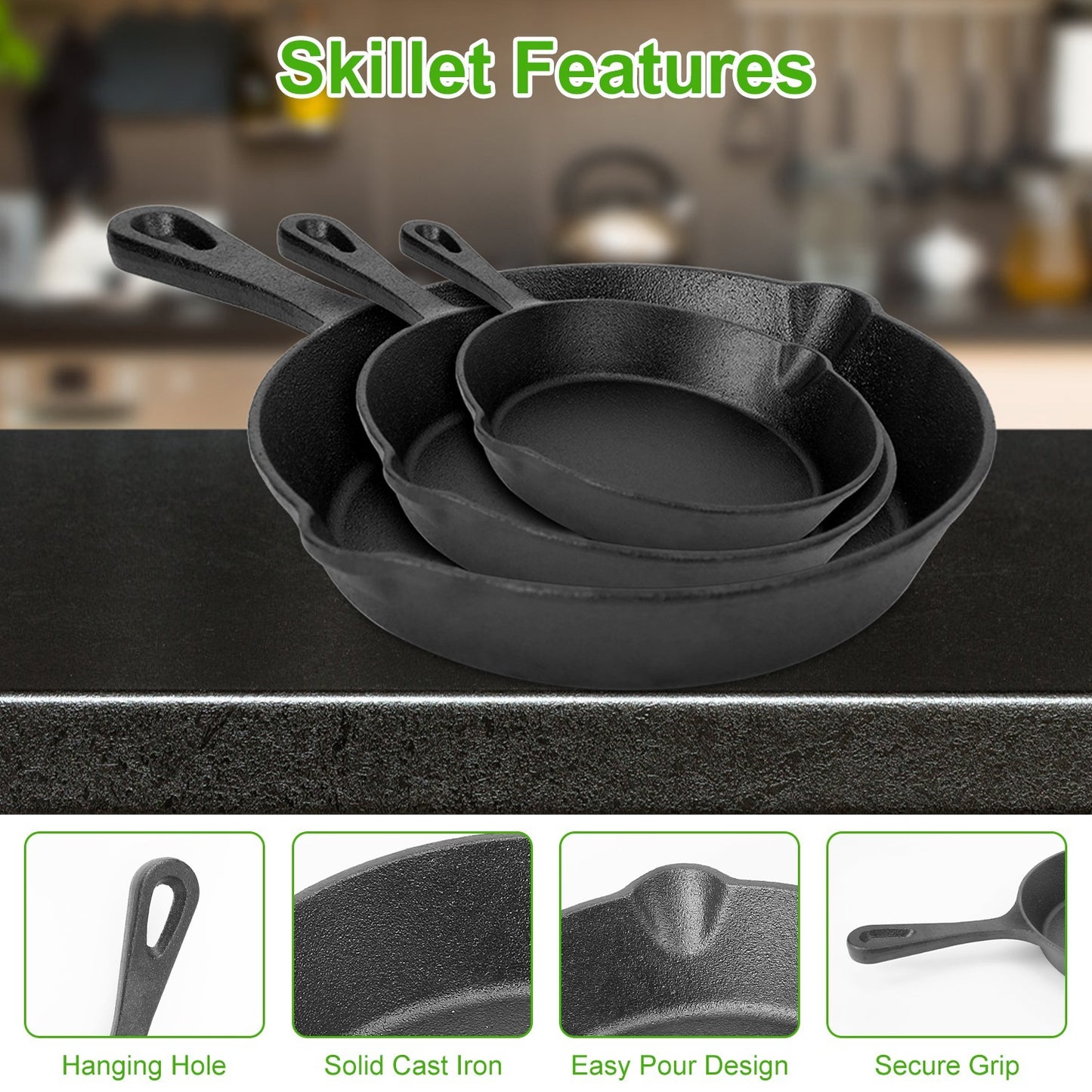 3Pcs Pre-Seasoned Cast Iron Skillet Set 6in 8in 10in Non-Stick Oven Safe Cookware Heat-Resistant Frying Pan