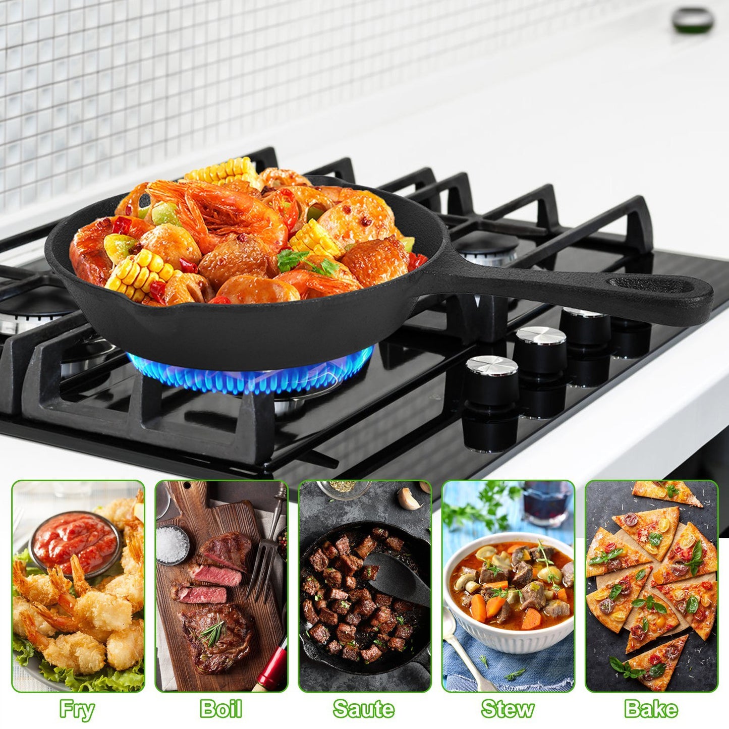 3Pcs Pre-Seasoned Cast Iron Skillet Set 6in 8in 10in Non-Stick Oven Safe Cookware Heat-Resistant Frying Pan