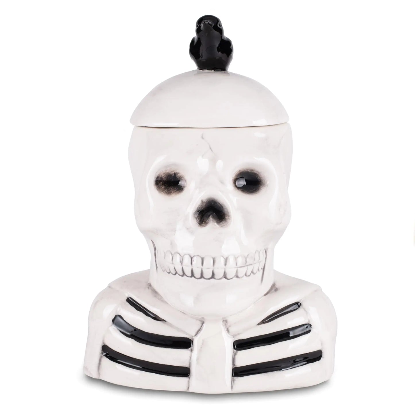 100 North Dolomite Ceramic 12 x 8.5 Halloween Cookie & Candy Jar with Airtight Lid: Perfect for Kitchen Canisters Pet Treat Containers & Fall Decorative Candy Dish Skeleton with a Crow