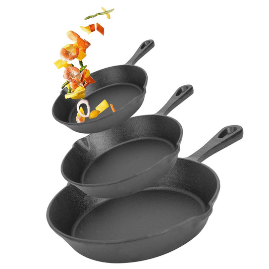 3Pcs Pre-Seasoned Cast Iron Skillet Set 6in 8in 10in Non-Stick Oven Safe Cookware Heat-Resistant Frying Pan
