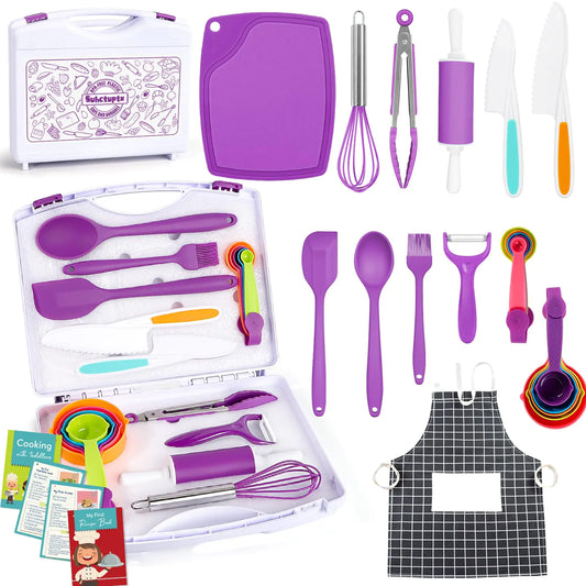 Kids Cooking Sets Real Kids Cooking and Baking Set with Storage Case Kid Safe Knives Cutting Board Apron Cookbook Toddler Cooking Utensils Montessori Kitchen Tools Birthday Gifts for Girls Boys